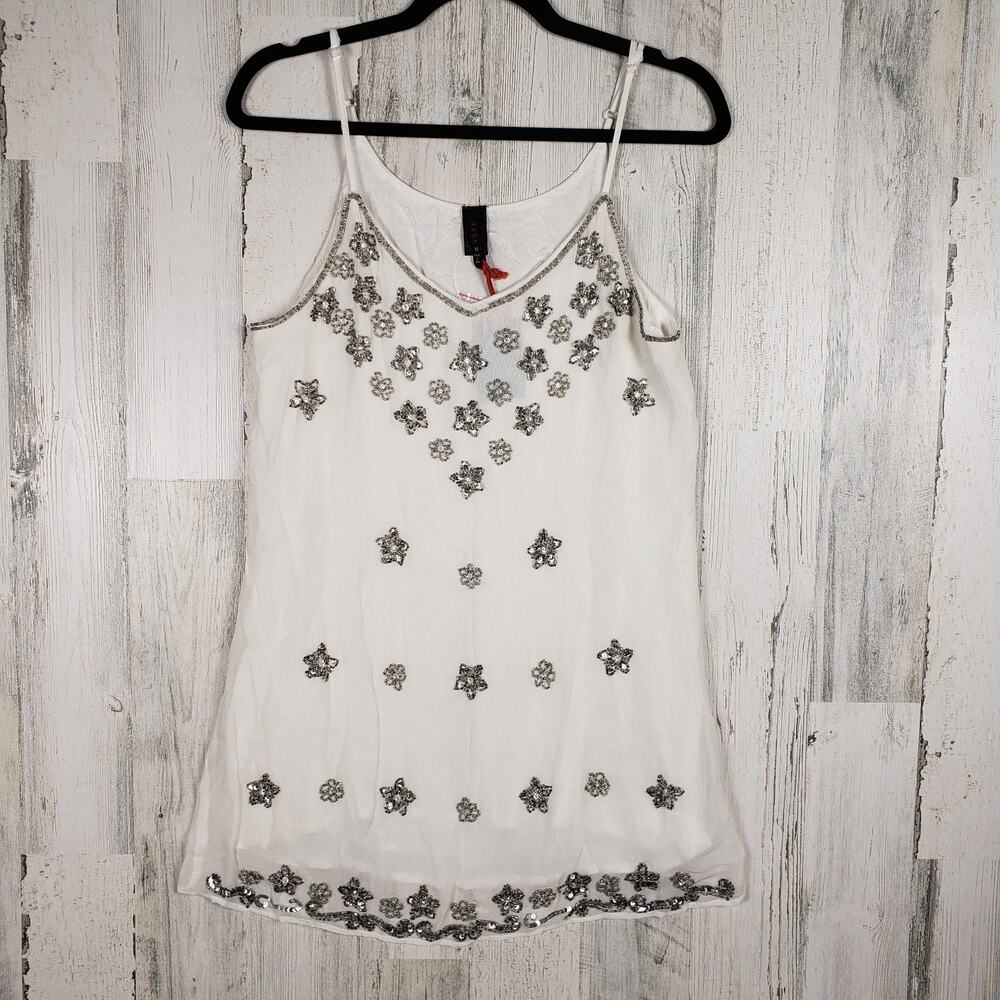NWT Raga Sheer Lined White Beaded Floral Slip Mini Dress Women's Size Medium